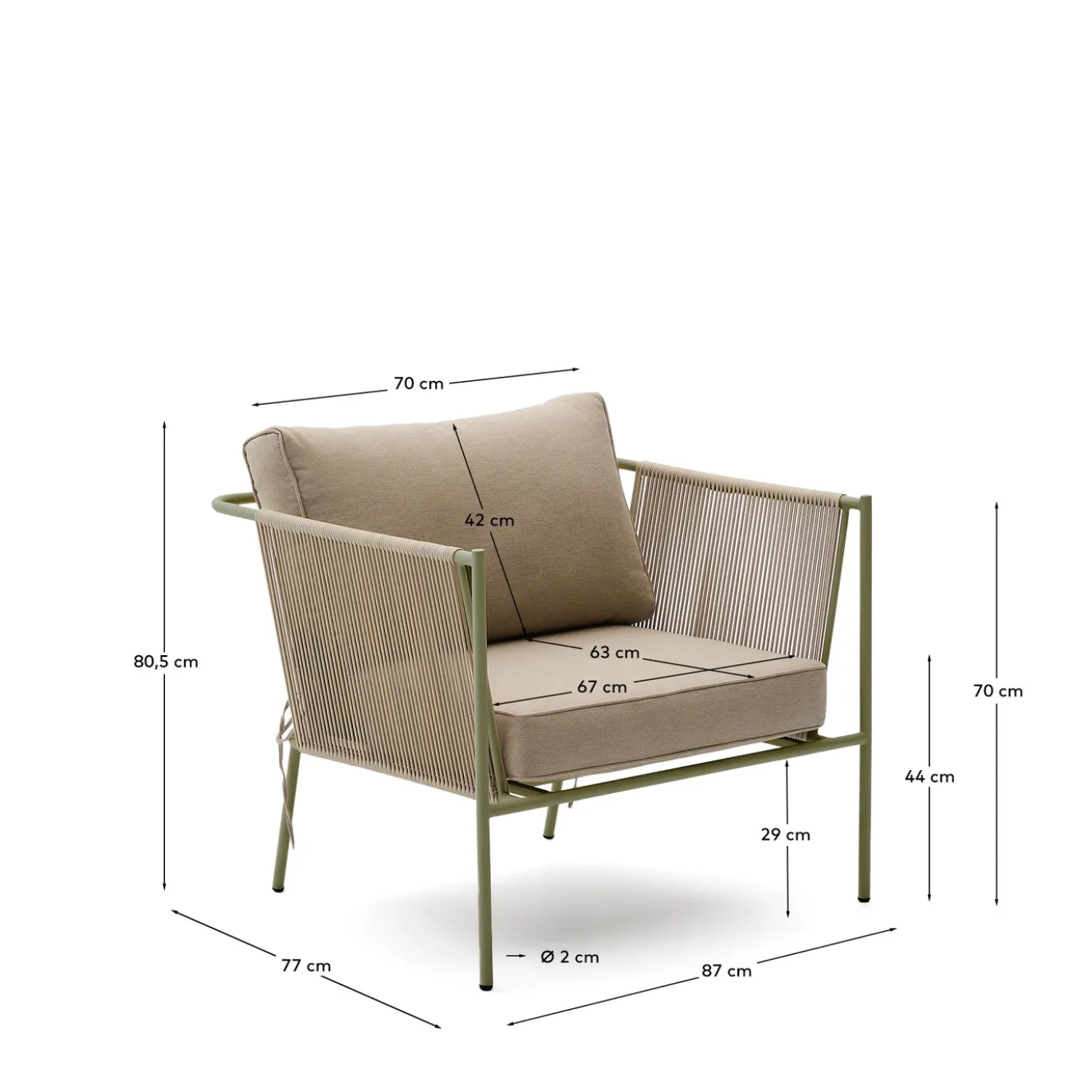 Kave Home Fauteuil Zivia Outdoor Ecru Touw en Groen