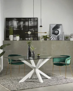Kave Home Glazen Tafel Argo Stalen Poten Wit 200x100cm