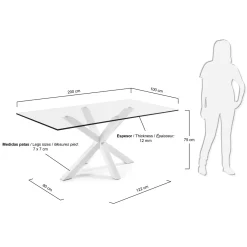 Kave Home Glazen Tafel Argo Stalen Poten Wit 200x100cm