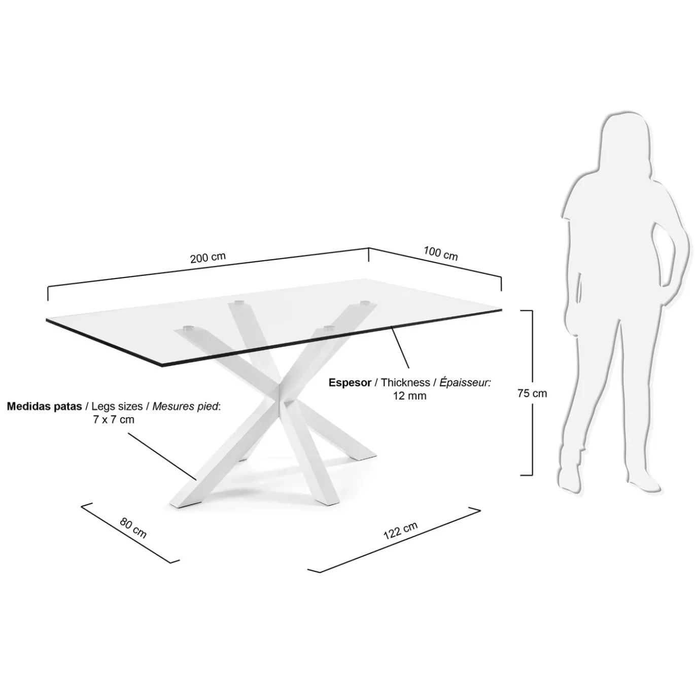 Kave Home Glazen Tafel Argo Stalen Poten Wit 200x100cm