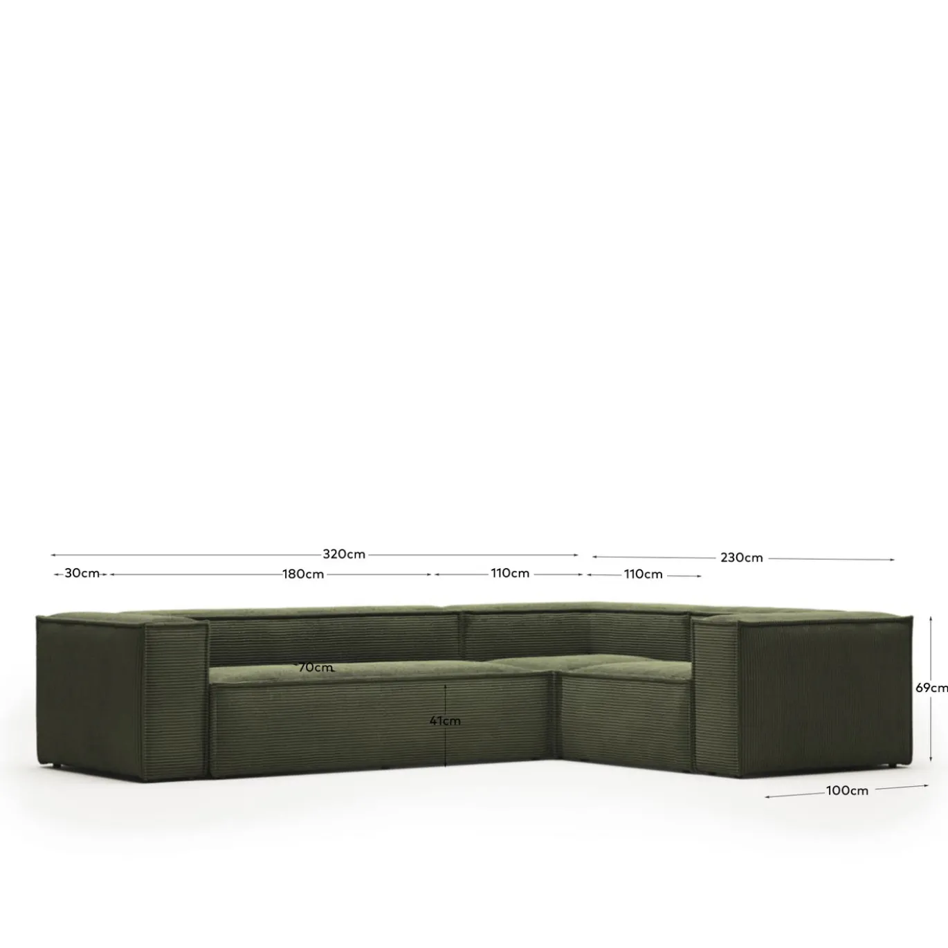 Kave Home Hoekbank Blok 4-Zits Groen Ribstof 320x230cm