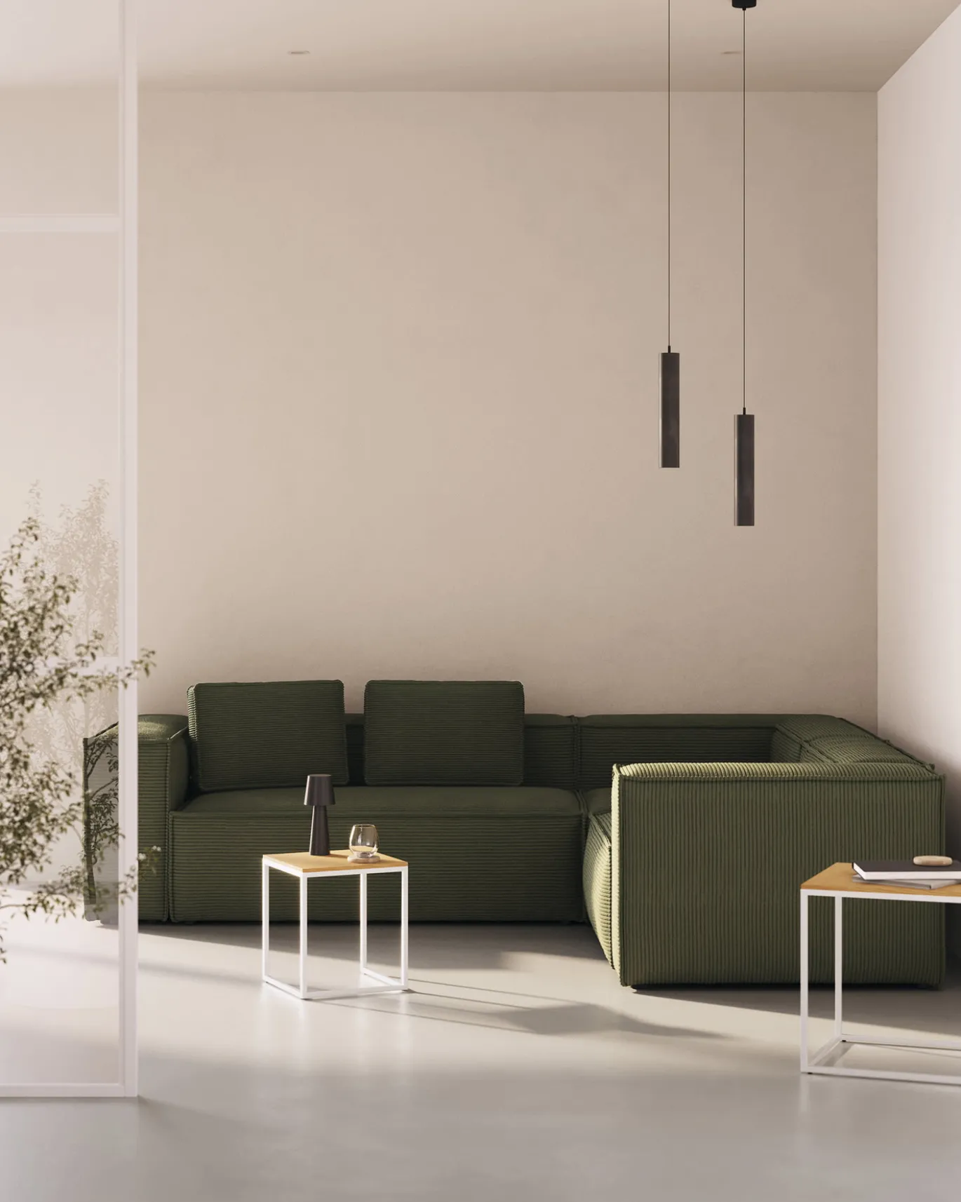 Kave Home Hoekbank Blok 4-Zits Groen Ribstof 320x230cm