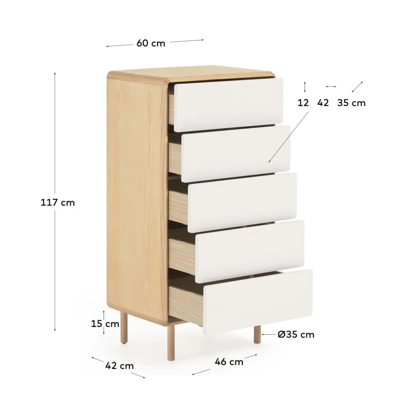 Kave Home Kast Anielle 5 Laden Massief Essenfineer 60x117cm