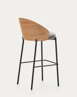 Kave Home Kruk Eamy Lichtgrijs Chenille en Essenhoutfineer Naturel