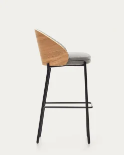 Kave Home Kruk Eamy Lichtgrijs Chenille en Essenhoutfineer Naturel