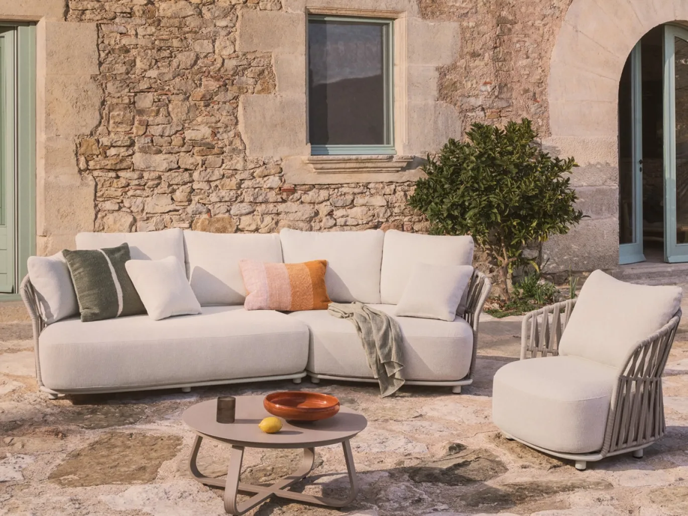 Kave Home Loungemodule Osani Rond Aluminium Beige Touw Taupe 167cm