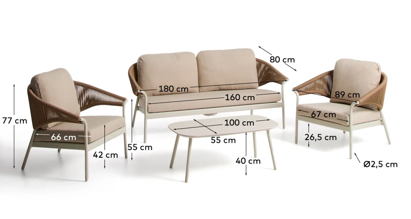 Kave Home Loungeset Zuara Aluminium Beige Synthetisch Touw Bruin