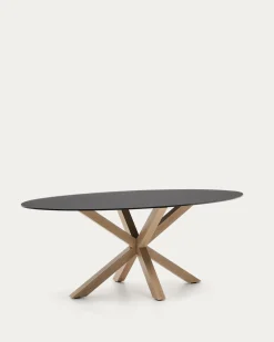 Kave Home Ovale Tafel Argo Matzwart Glas Houteffect Ø200x100cm