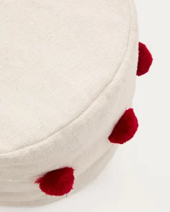 Kave Home Poef Manua Katoen Beige met Rode Kwastjes Ø40cm