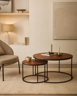 Kave Home Salontafel Yoana Set van 2 Bruin Walnootfineer Ø80cm/ø50cm