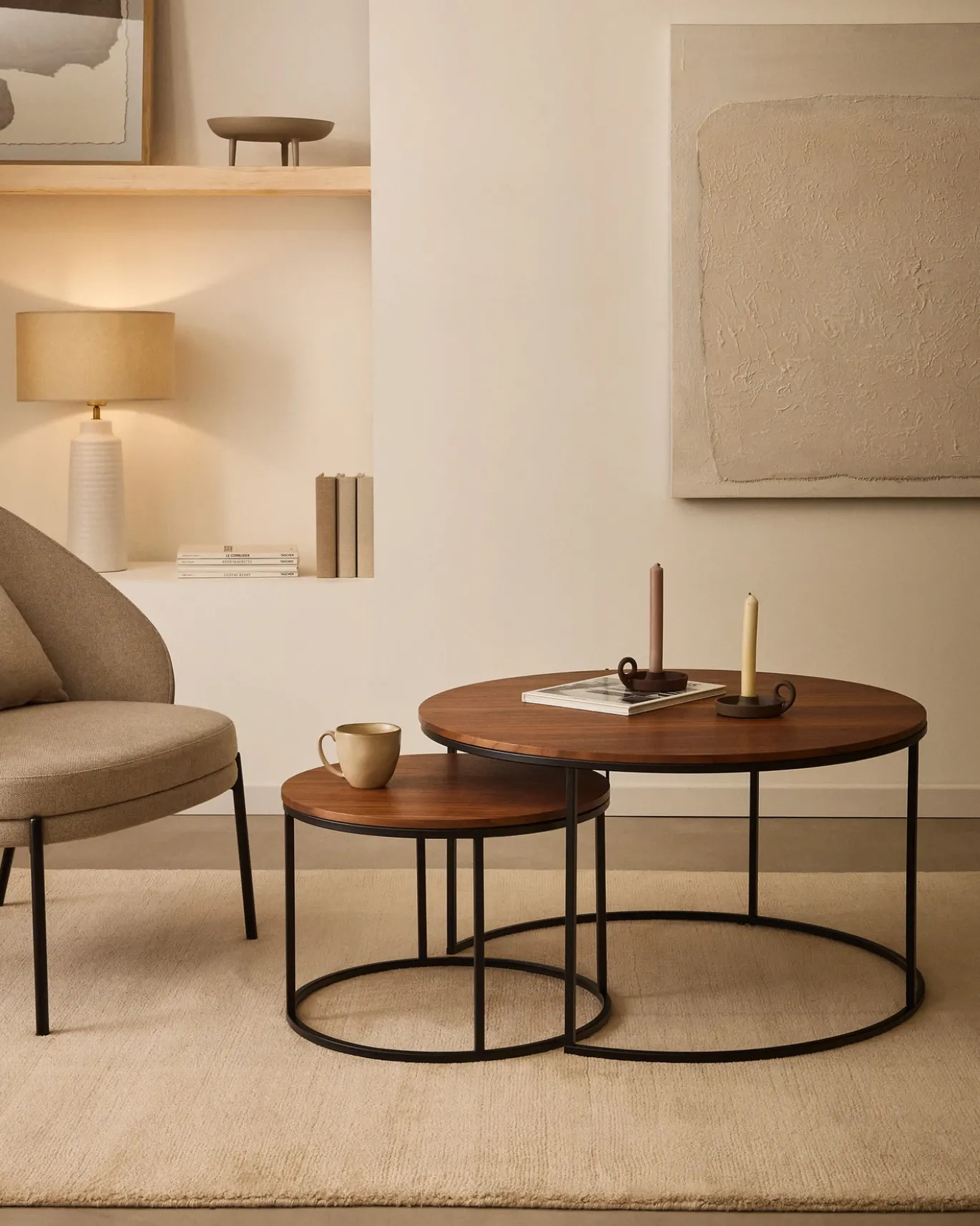 Kave Home Salontafel Yoana Set van 2 Bruin Walnootfineer Ø80cm/ø50cm