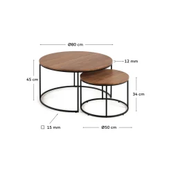 Kave Home Salontafel Yoana Set van 2 Bruin Walnootfineer Ø80cm/ø50cm