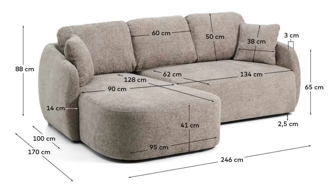 Kave Home Slaapbank Laira 3-Zits Chaise Longue Links Taupe 246cm