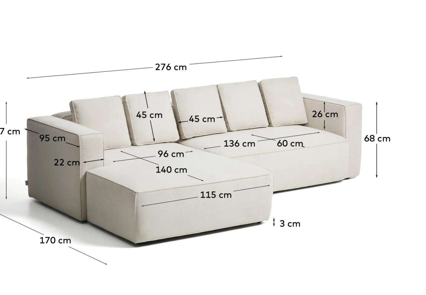 Kave Home Slaapbank Marela Chaise Longue Links Chenille Beige 276cm