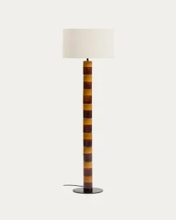 Kave Home Staande Lamp Mavran Keramiek Bruin en Mosterdgeel Katoen