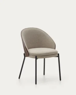 Kave Home Stoel Eamy Lichtbruin Chenille en Bruin Essenhoutfineer