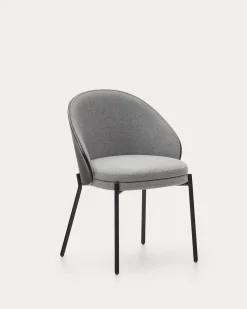 Kave Home Stoel Eamy Lichtgrijs Chenille en Zwart Essenhoutfineer