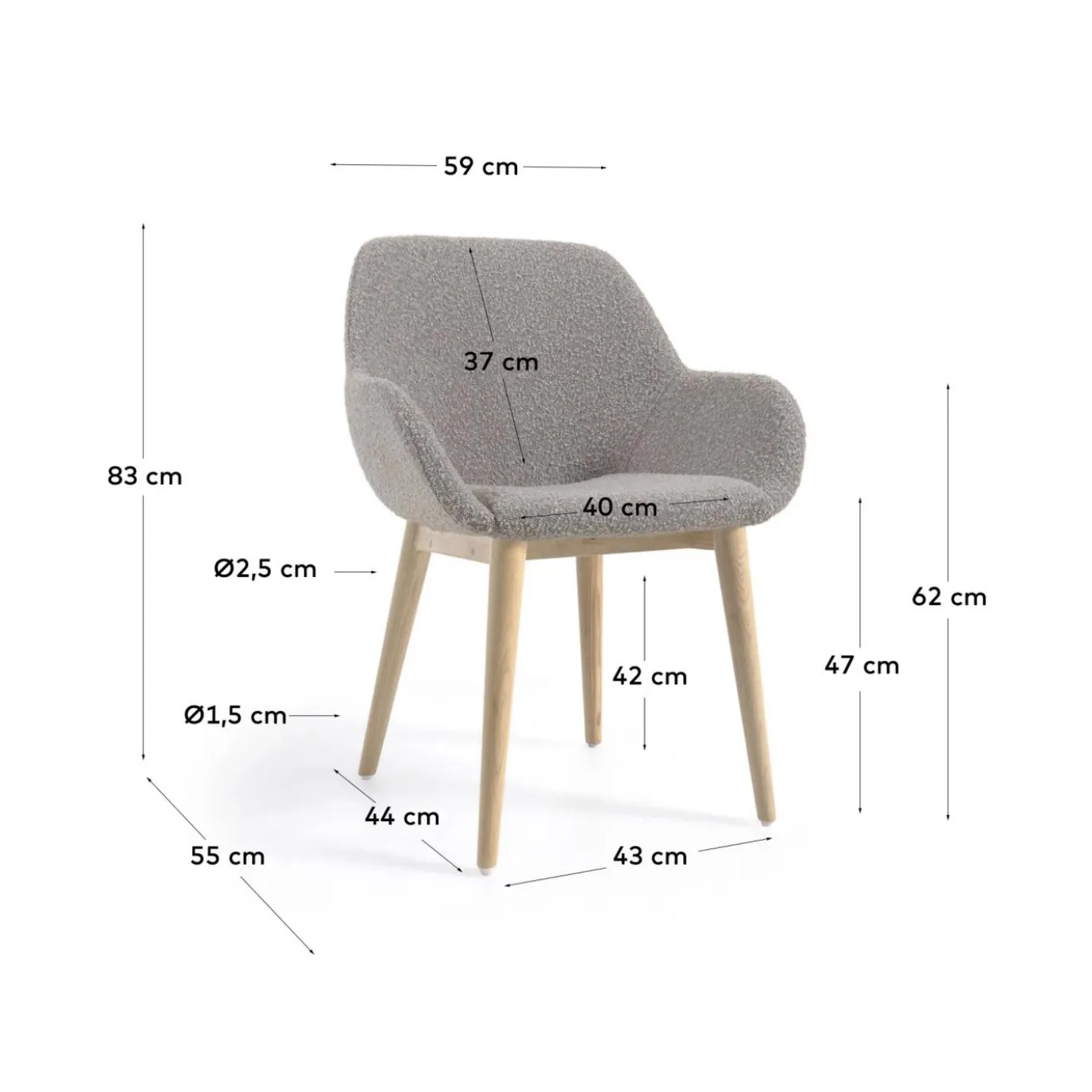 Kave Home Stoel Konna Lichtgrijs Bouclé Essenhout Naturel