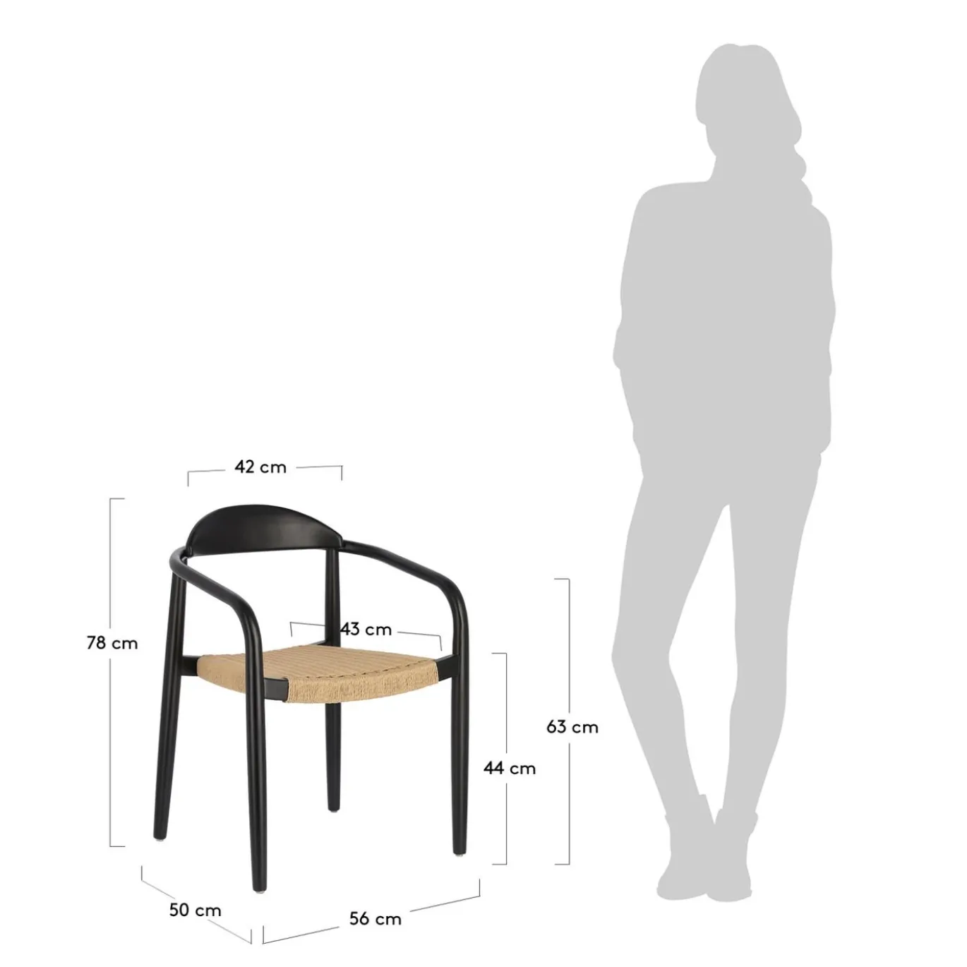 Kave Home Stoel Nina Massief Acaciahout Zwart en Naturel Touw