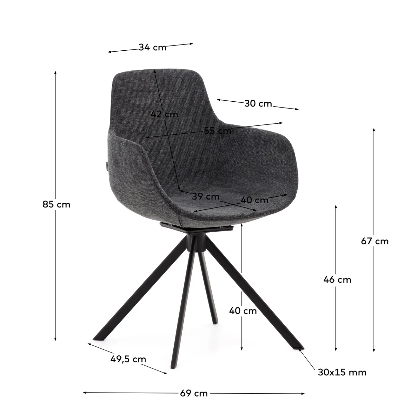 Kave Home Stoel Tissiana Draaibaar Donkergrijs Chenille