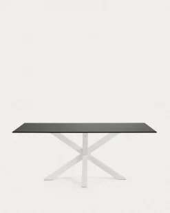 Kave Home Tafel Argo Matzwart Glas en Stalen Poten Wit 200x100cm