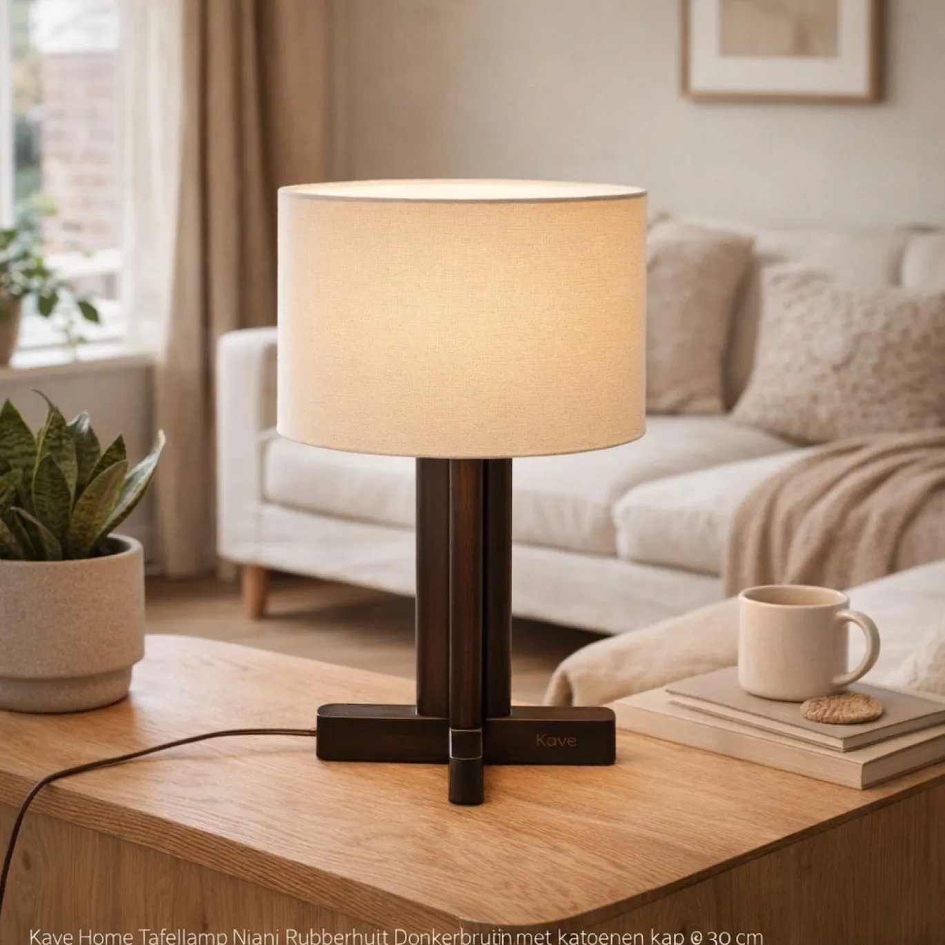 Kave Home Tafellamp Niani Rubberhout Donkerbruin Katoen Ø30cm