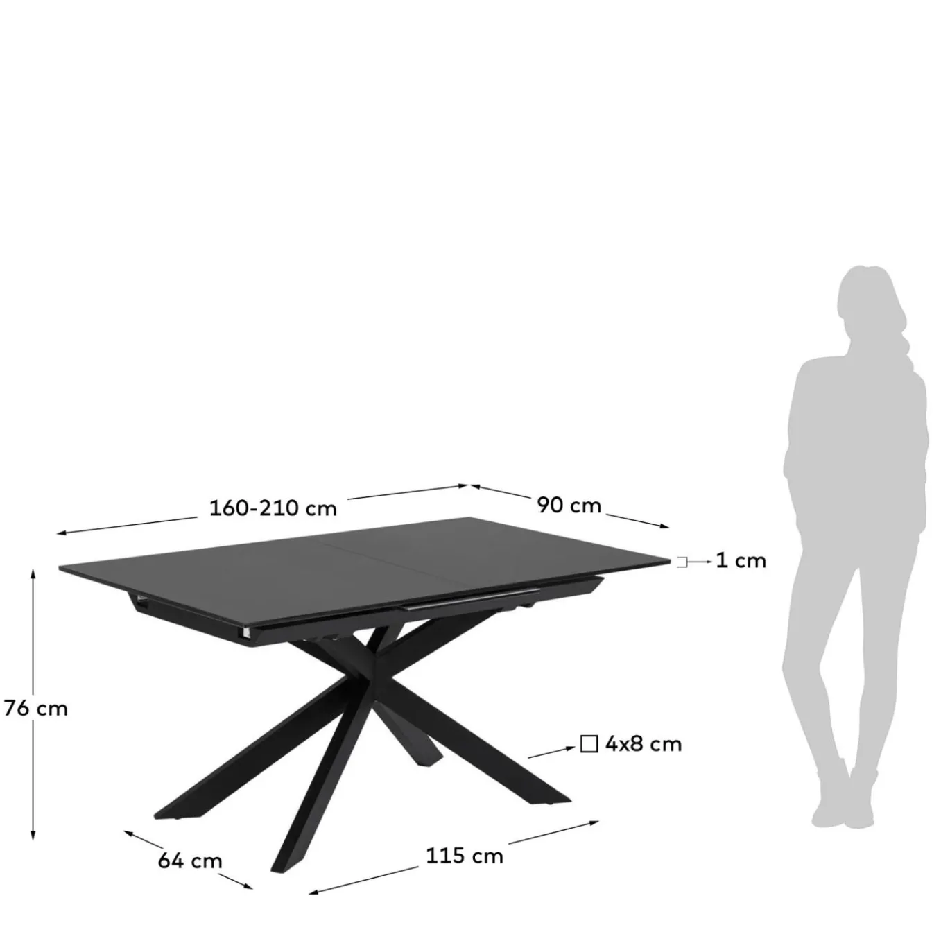 Kave Home Uitschuifbare Glazen Tafel Atminda Zwart 160 (210)x90cm