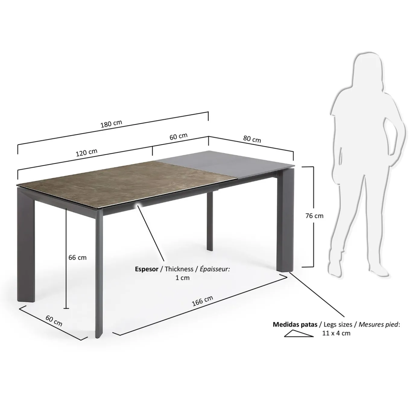 Kave Home Uitschuifbare Keramische Tafel Axis Antraciet Stalen Poten 120-180cm