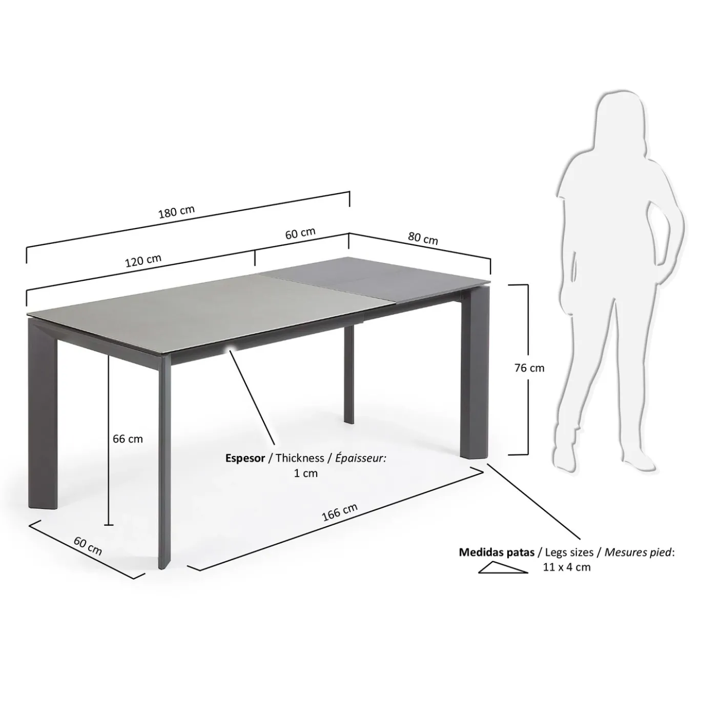Kave Home Uitschuifbare Keramisch Tafel Axis met Antraciet Stalen Poten 120 (180)cm