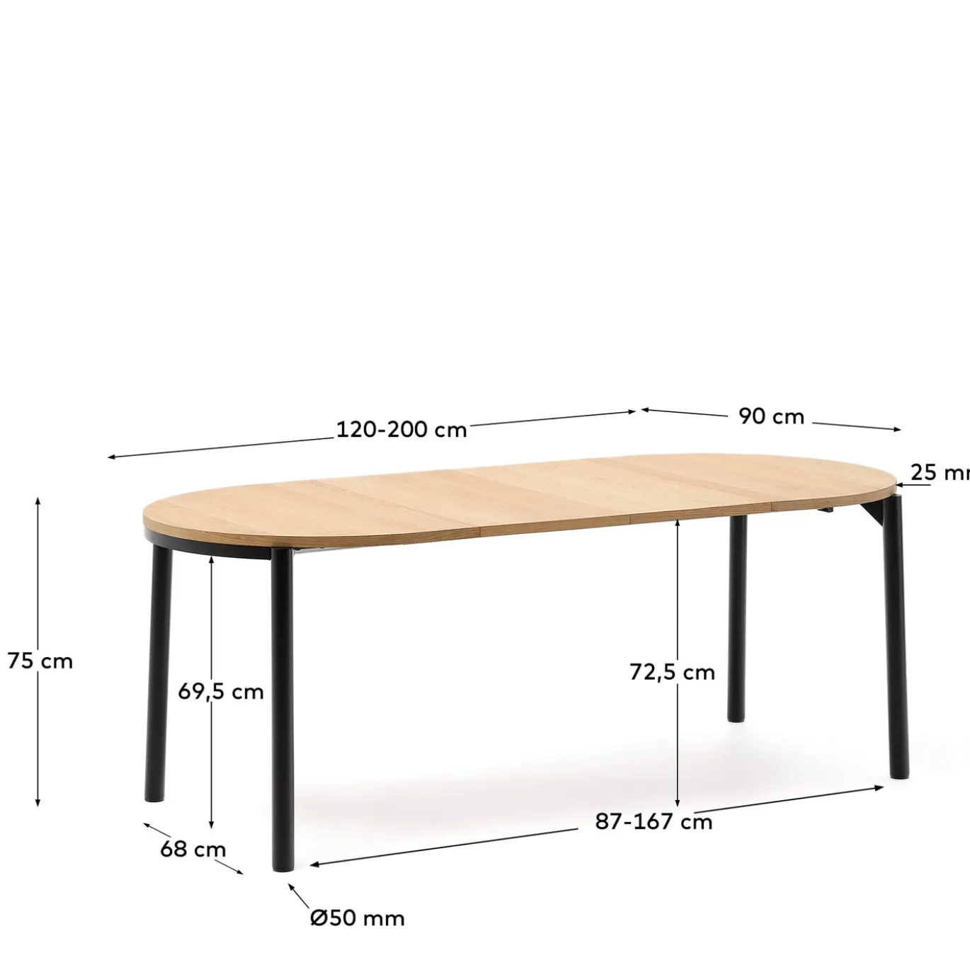 Kave Home Uitschuifbare Ronde Tafel Montuiri Eikenfineer Zwart Ø120 (200)cm
