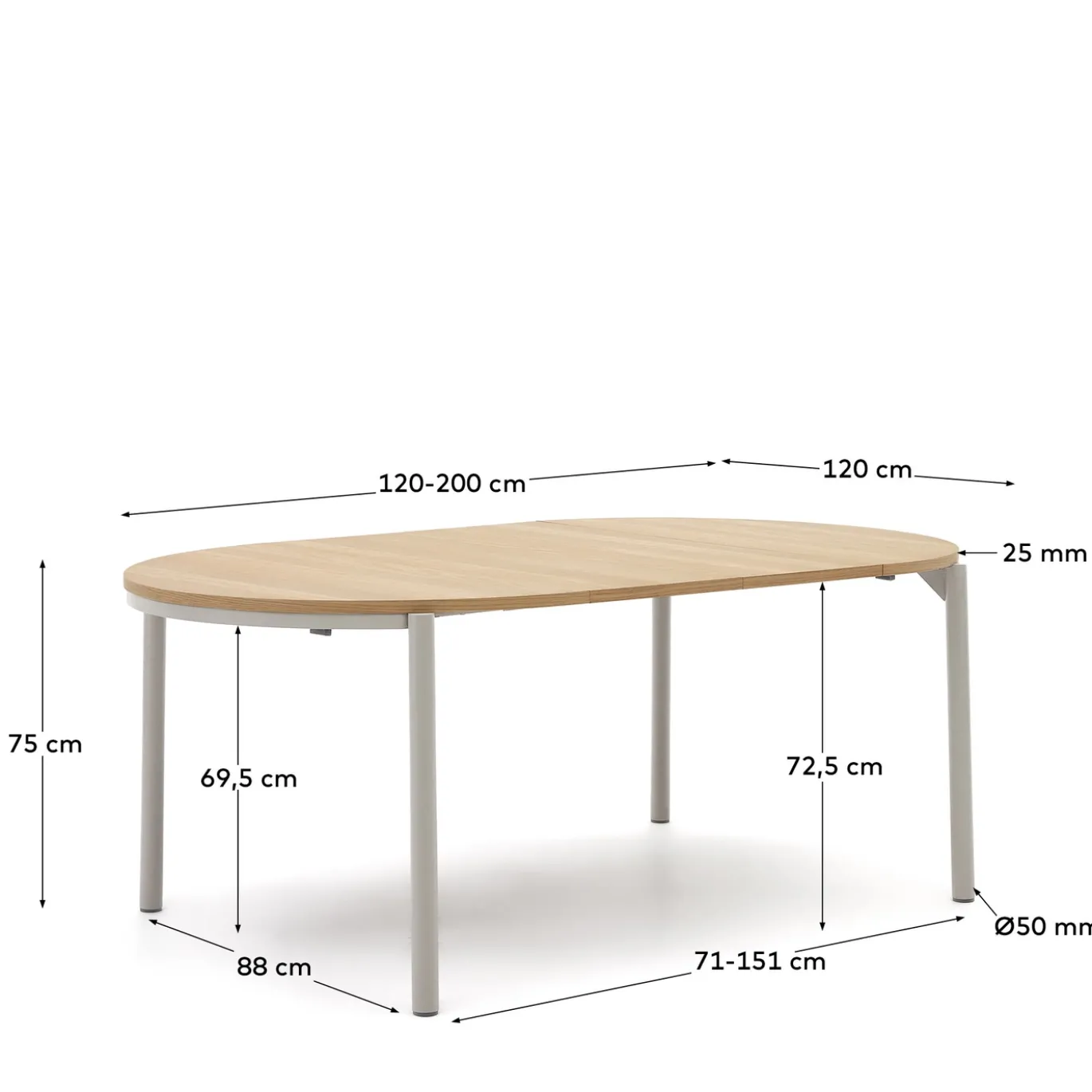 Kave Home Uitschuifbare Ronde Tafel Montuiril Eikenfineer Grijs Ø120 (200)cm