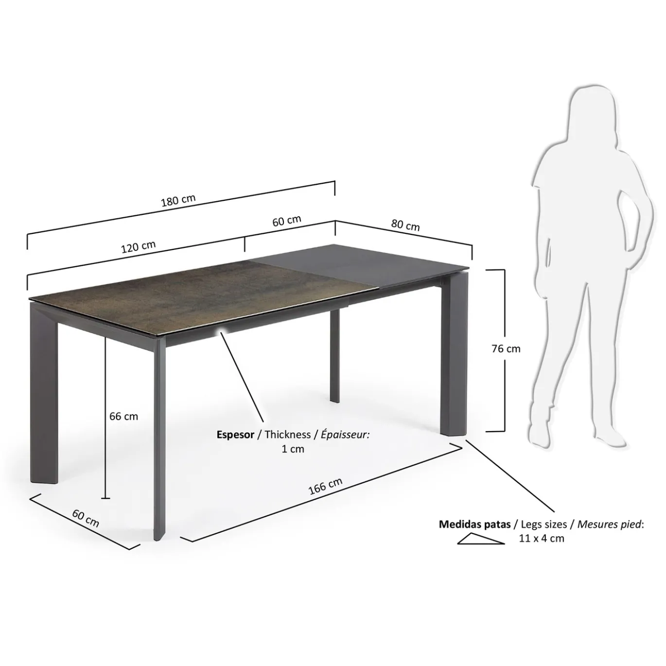 Kave Home Uitschuifbare Tafel Axis Porselein met Antraciet Stalen Poten 120 (180)cm