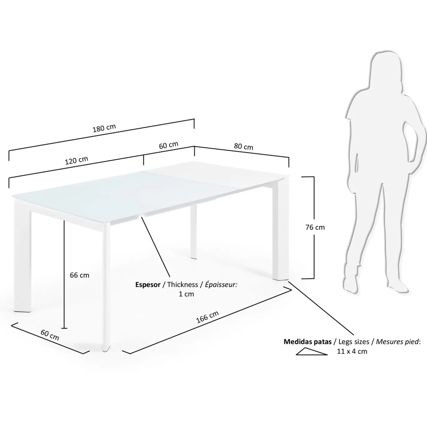 Kave Home Uitschuifbare Tafel Axis Wit Glas 120-180cm