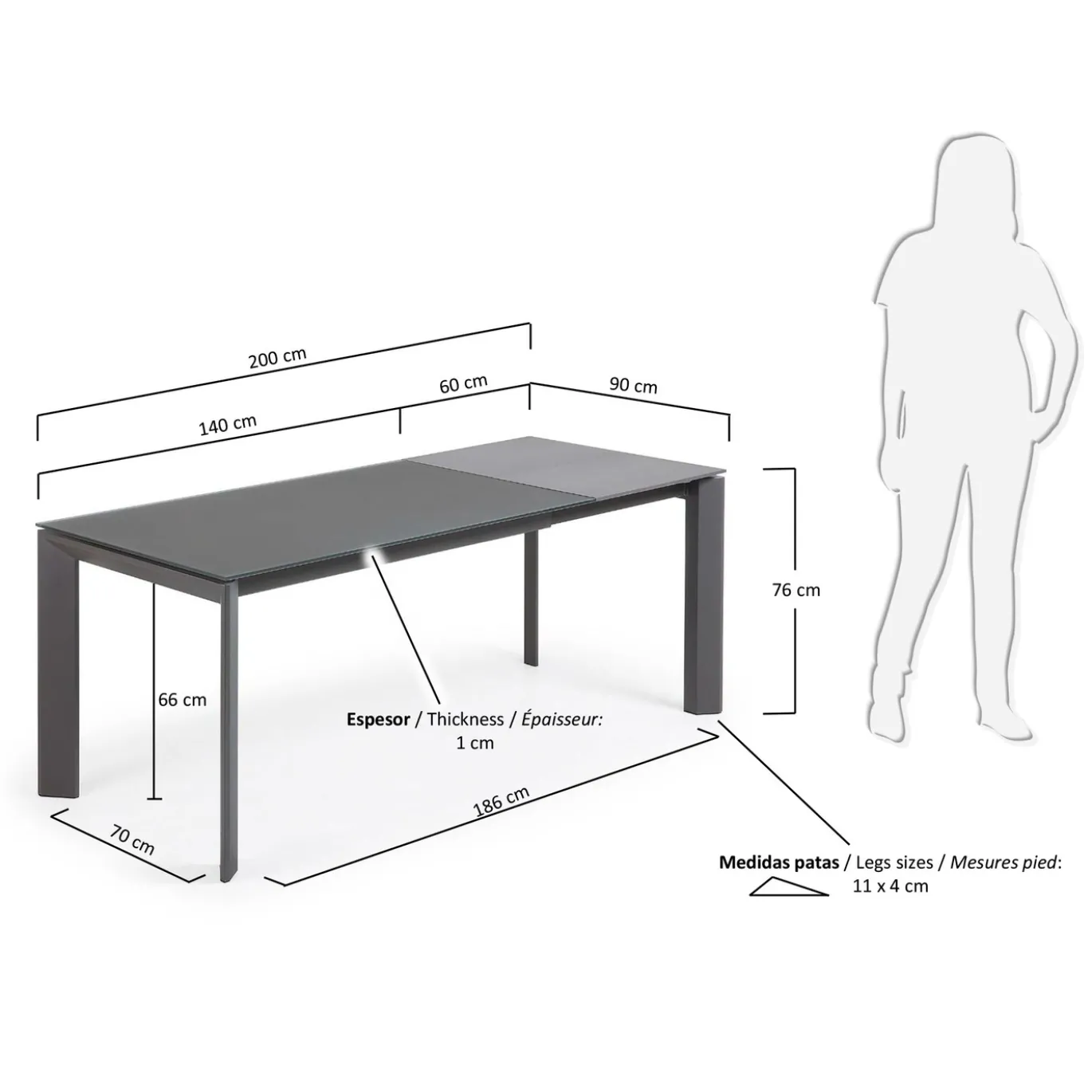 Kave Home Uitschuifbare Tafel Axis Glas Donkergrijs 140-200cm