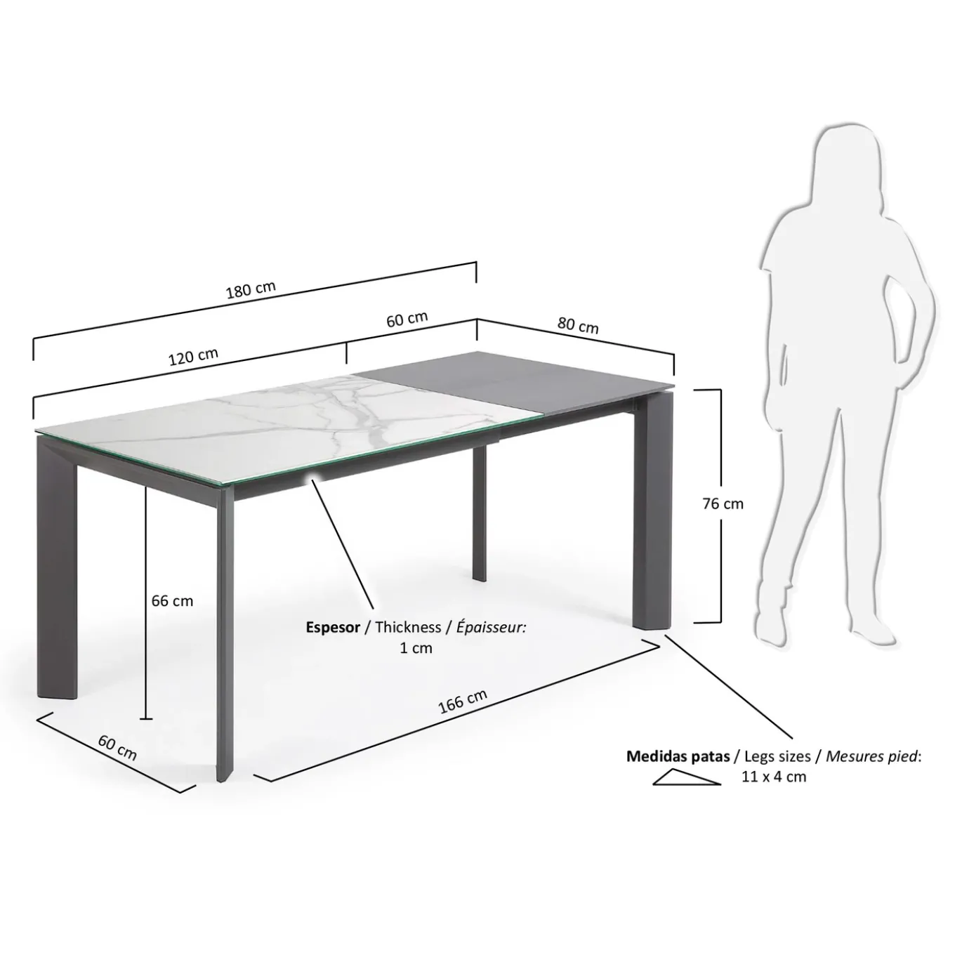 Kave Home Uitschuifbare Tafel Axis Porselein Wit/donkergrijs 120 (180)cm