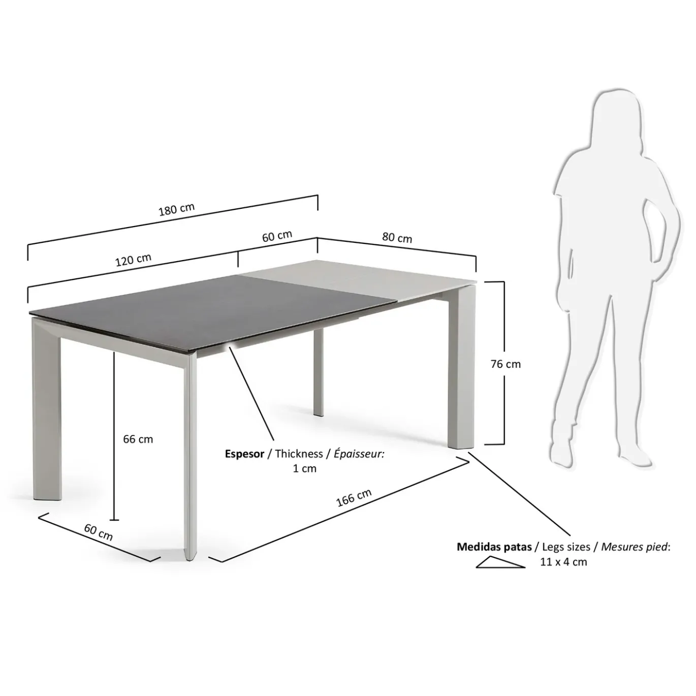 Kave Home Uitschuifbare Tafel Axis Porselein/Vulcano Roca met Grijze Poten 120-180cm