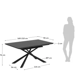 Kave Home Uitschuifbare Tafel Theone Zwart Glas 160 (210)x90cm