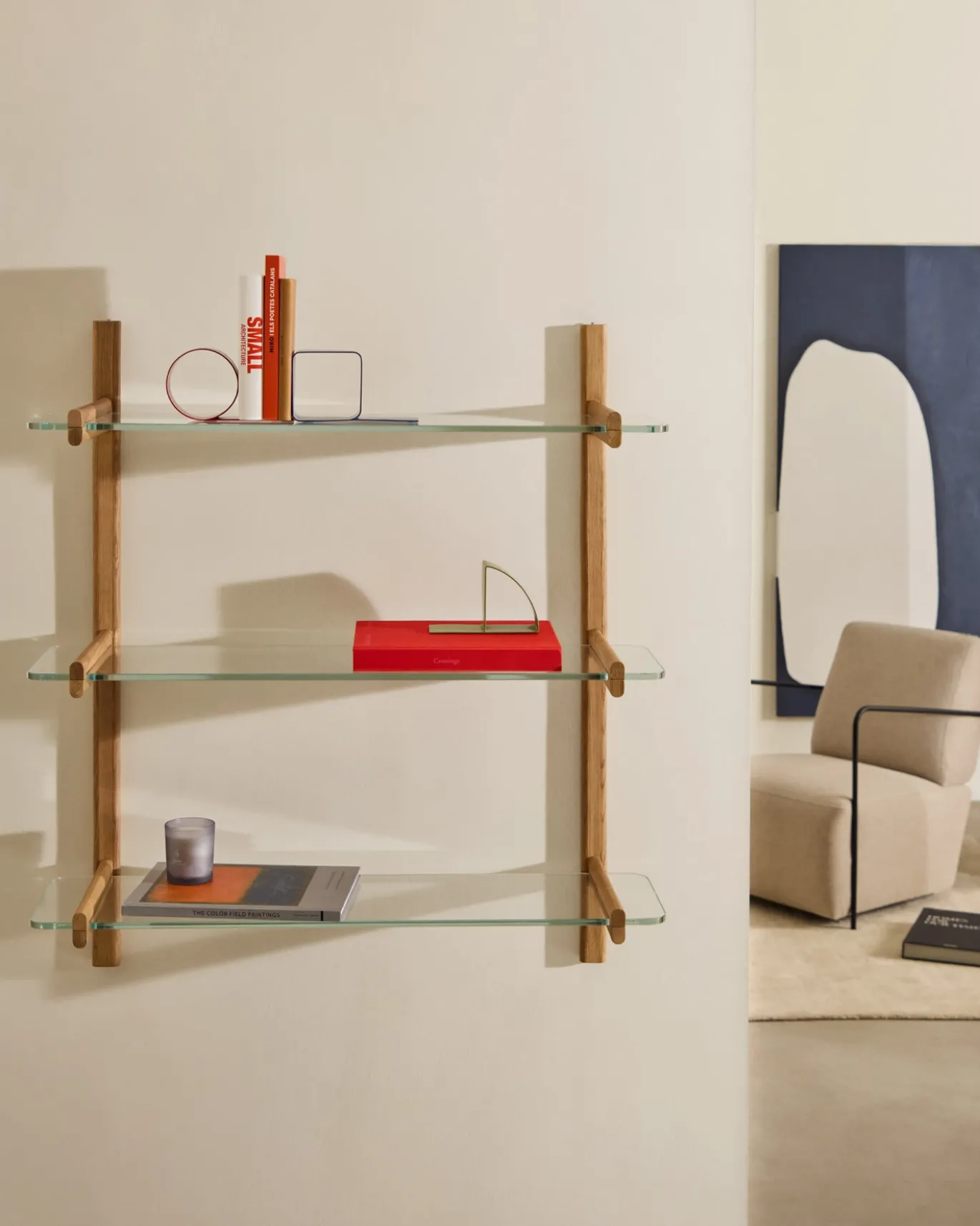 Kave Home Wandrek Sitra Modulair 3-glazen Planken Eikenhout 90cm