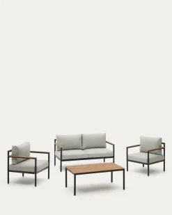 Kave Home 2-Zitsbank Aiguafreda met 2 Fauteuils en Salontafel Grijs Aluminium