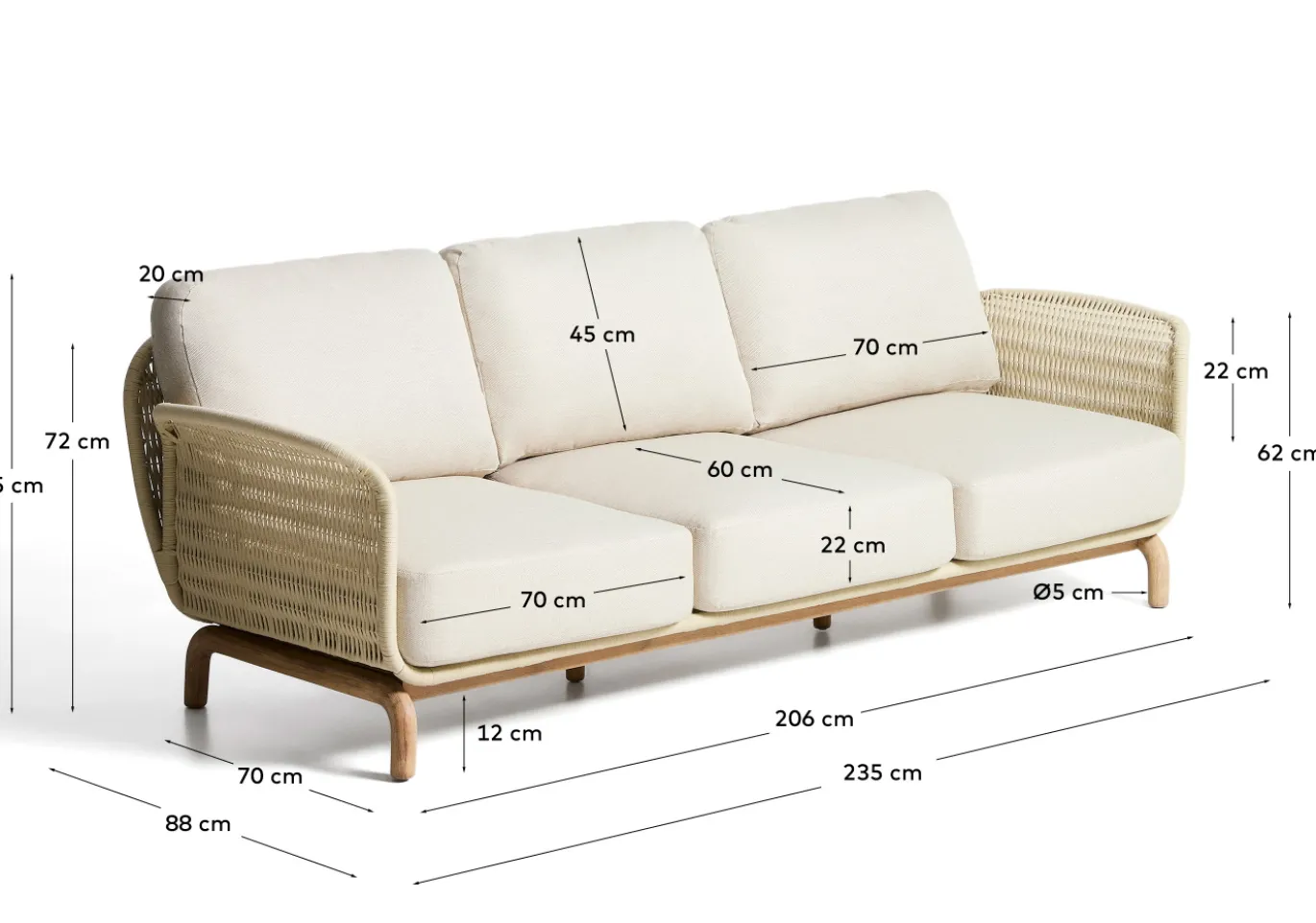 Kave Home 3-Zitsbank Alipa Acaciahout Beige 235cm