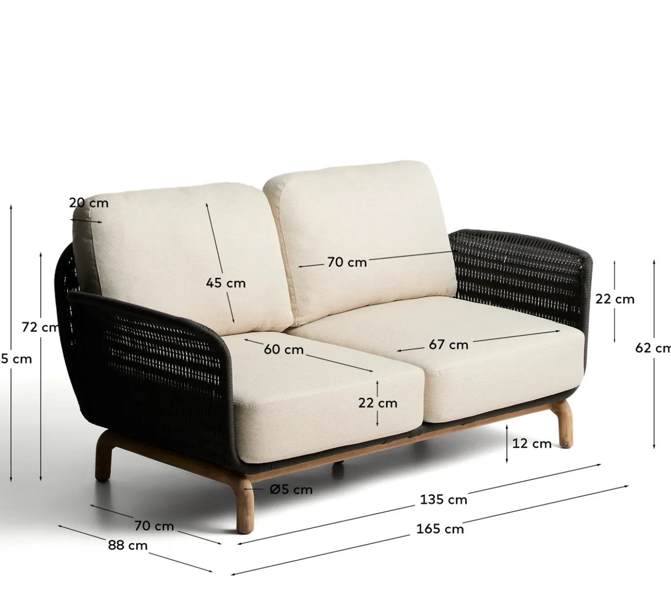 Kave Home 2-Zitsbank Alipa Acaciahout Grafiet/Beige 165cm