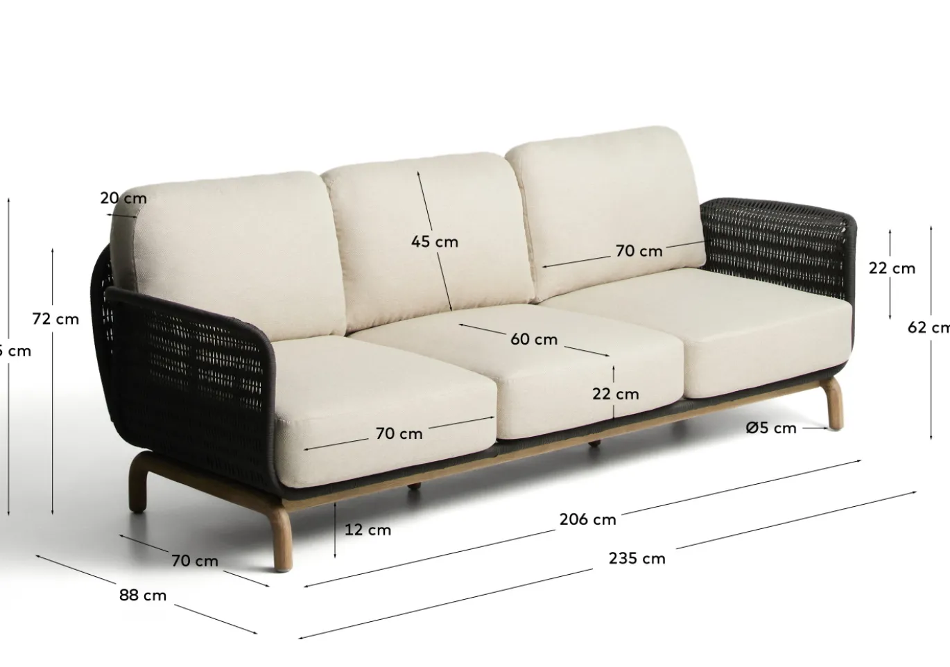 Kave Home 3-Zitsbank Alipa Acaciahout Grafiet/Beige 235cm