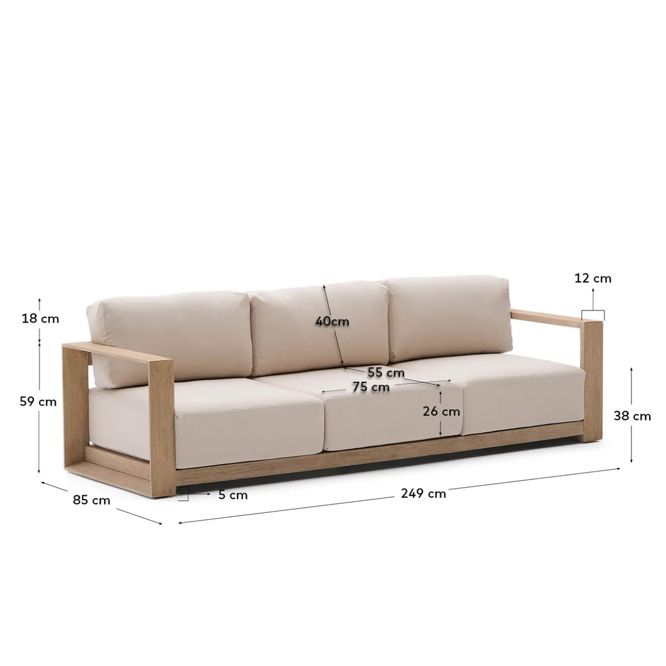 Kave Home 3-zitsbank Ambra Acaciahout 249cm
