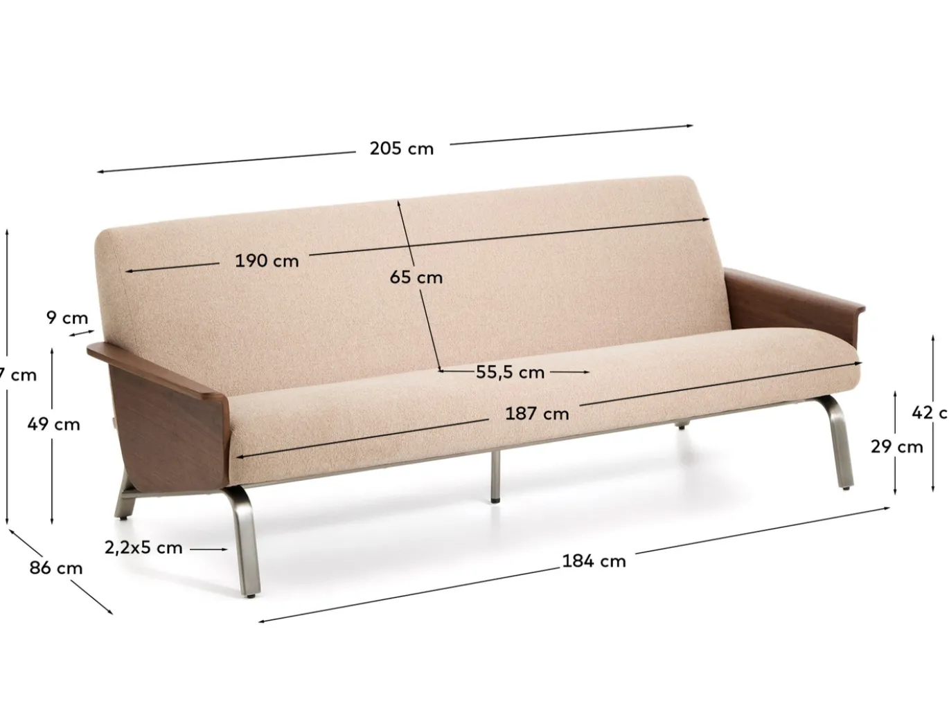 Kave Home 3-zitsbank Amsen Lichtbruin Walnoot Multiplex en Geborsteld RVS 190cm