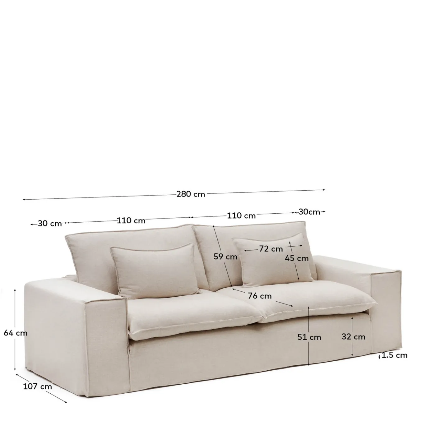 Kave Home 3-zitsbank Anarela Beige Linnen 280cm