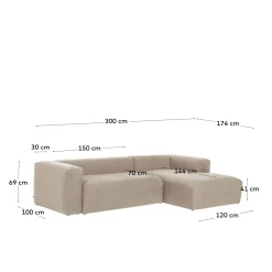 Kave Home 3-zitsbank Blok Beige Ecru Chaise Longue Rechts 300cm