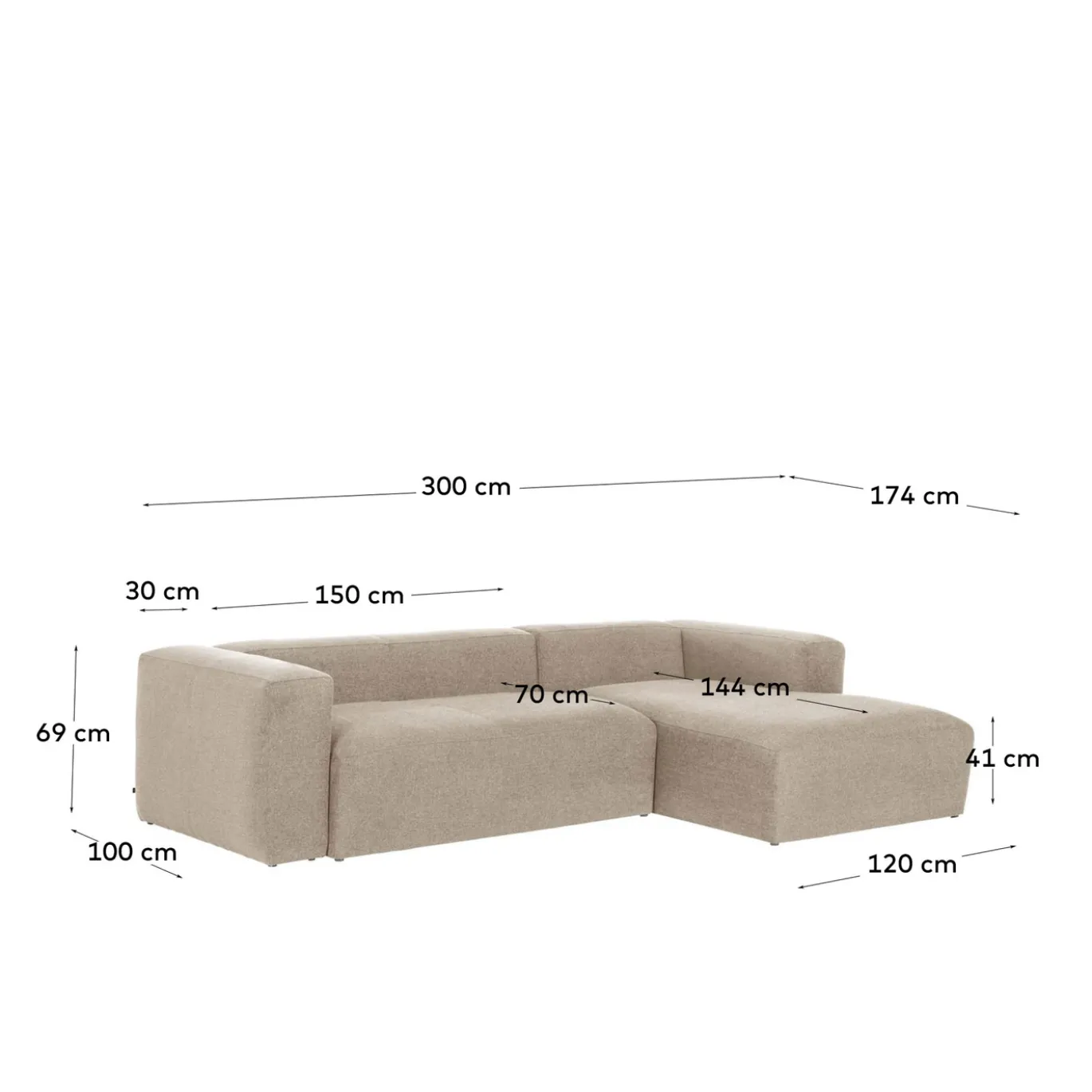 Kave Home 3-zitsbank Blok Beige Ecru Chaise Longue Rechts 300cm