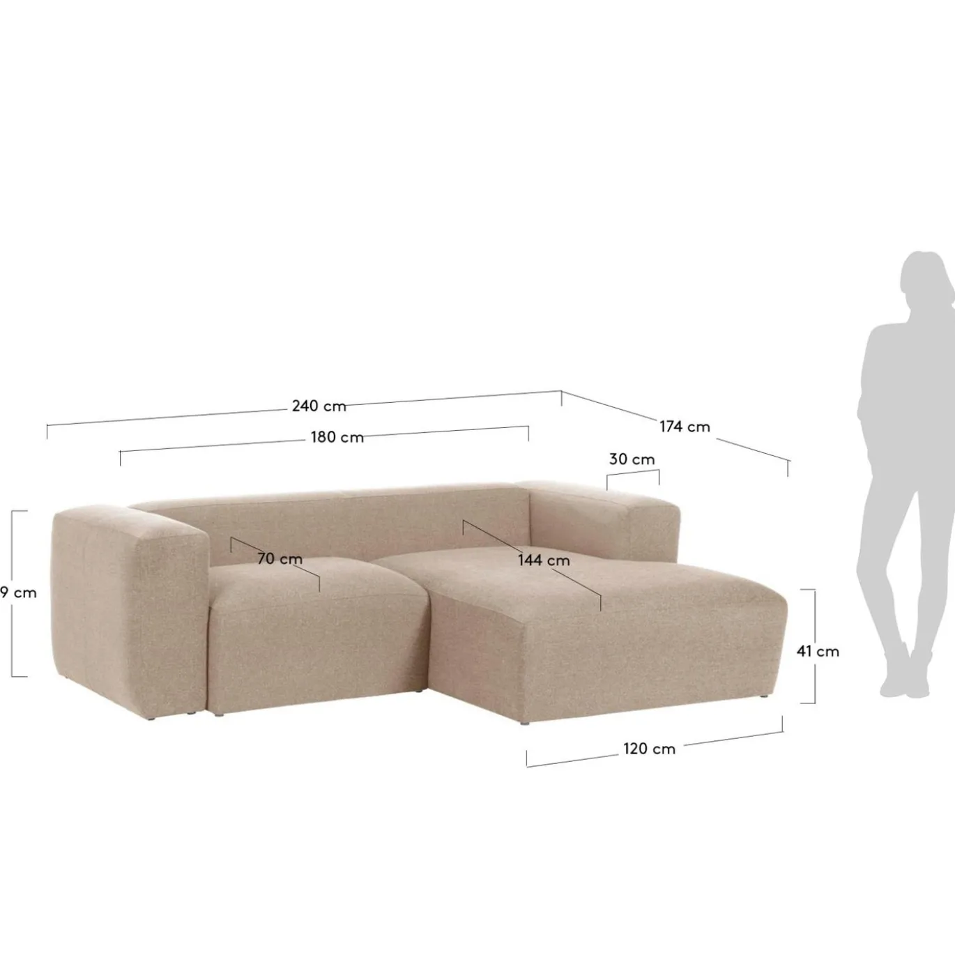 Kave Home 2-zitsbank Blok Beige Ecru Chaise Longue Rechts 240cm