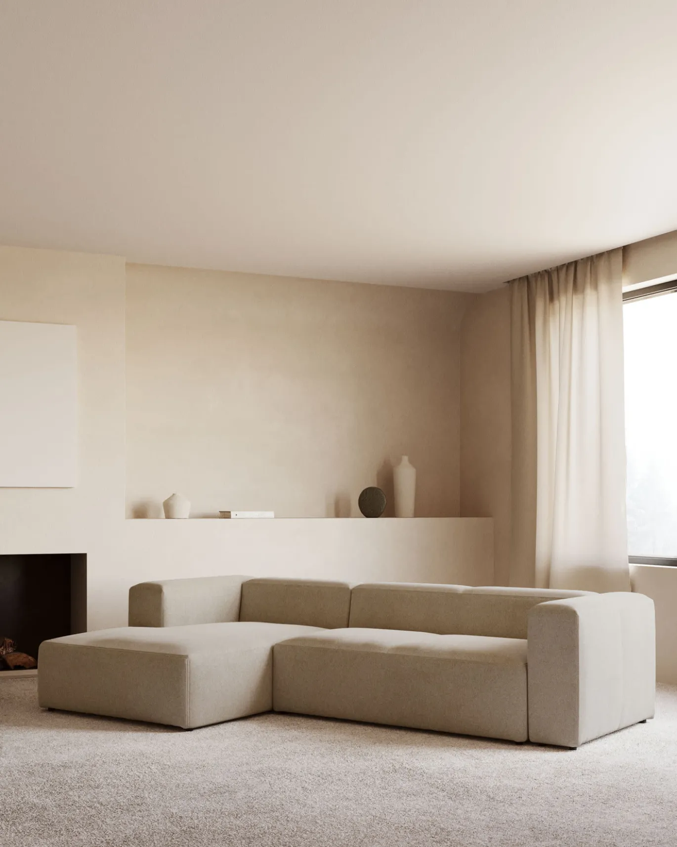 Kave Home 3-zitsbank Blok Beige Ecru Chaise Longue Links 300cm
