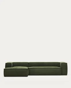 Kave Home 4-zitsbank Blok Chaise Longue Links Groen Ribstof 330cm